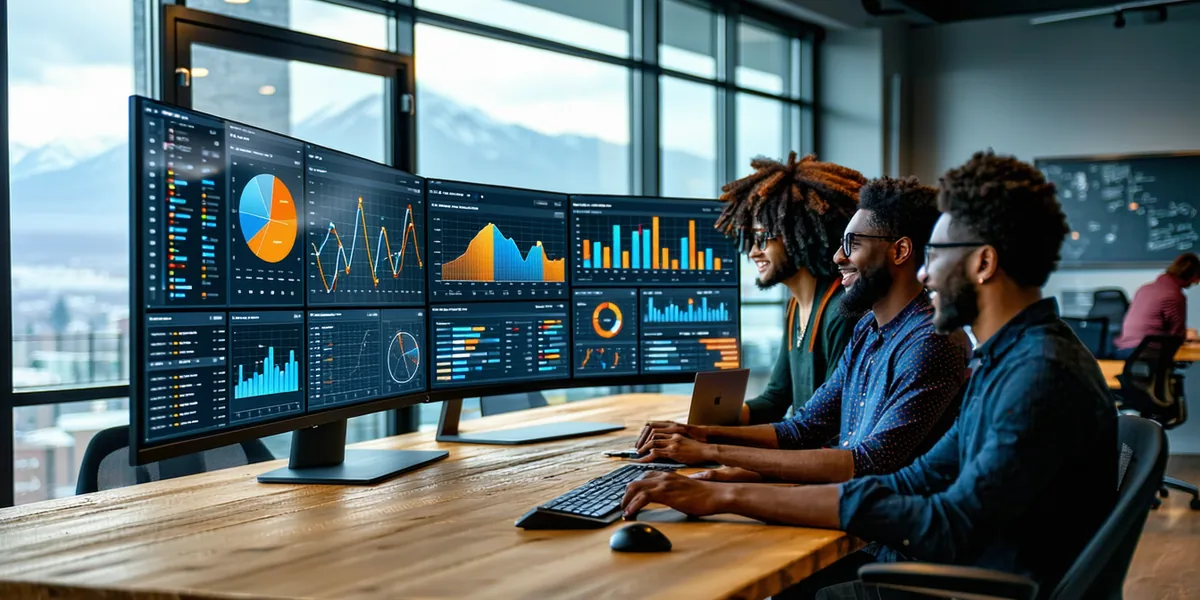 The Prodlytix team gathered around a large monitor reviewing a behavioral analytics dashboard