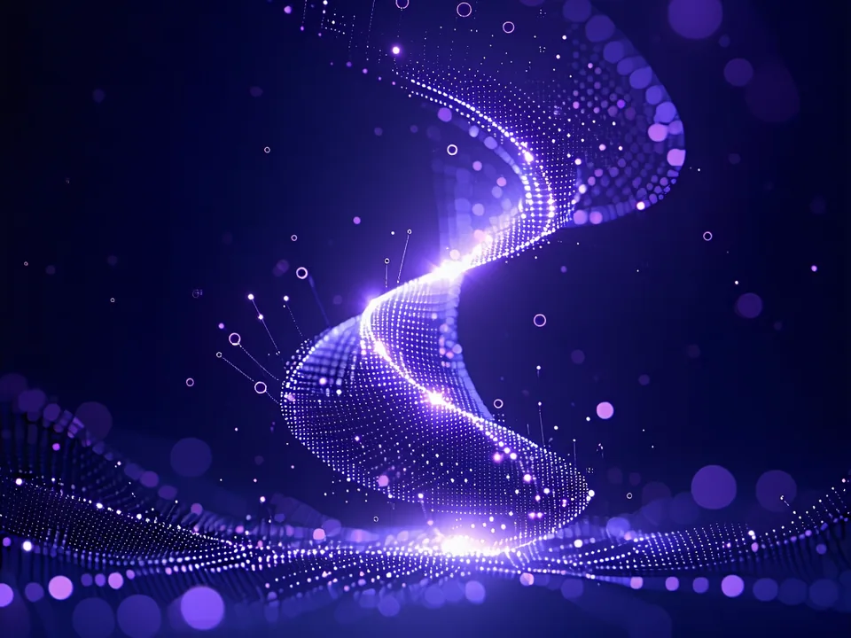 Abstract behavioral event flow diagram showing interconnected data nodes and path arrows in indigo and violet on dark background