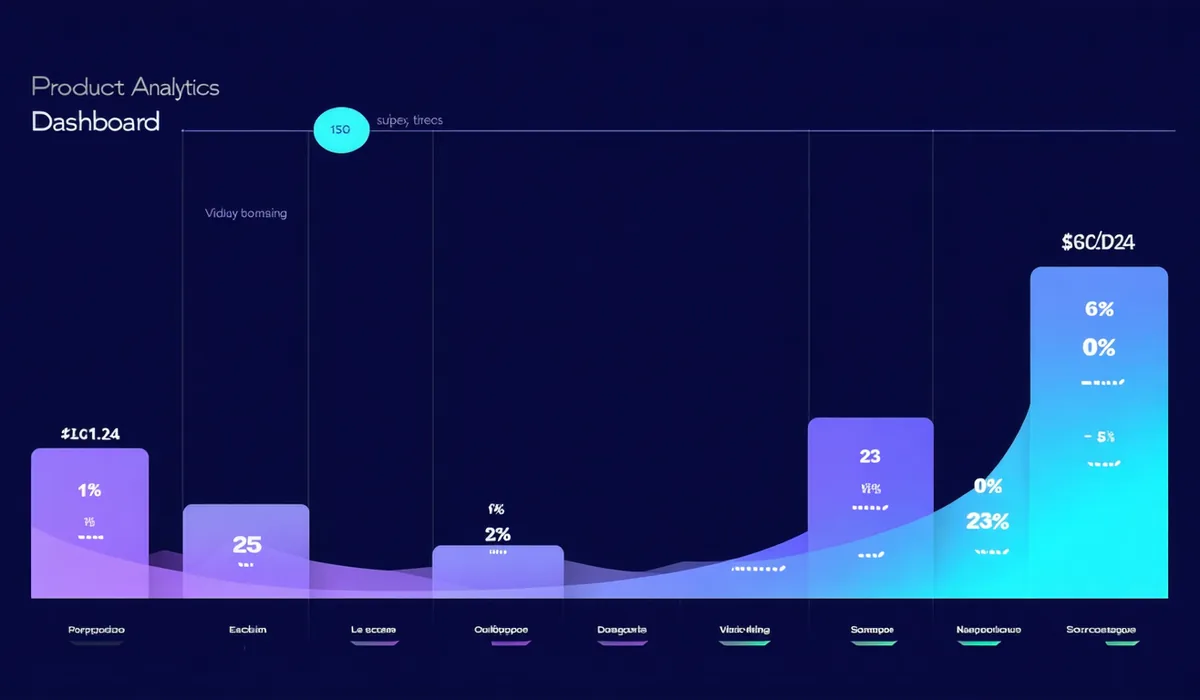 Stylized funnel analysis dashboard showing conversion steps with drop-off percentages, dark UI